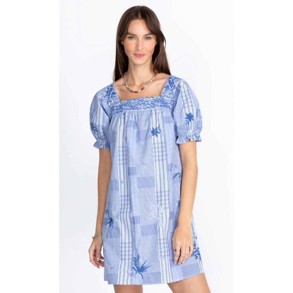 Johnny Was Marbella Square Neck Park Blue Plaid Puff Sleeve Cotton Mini Dress